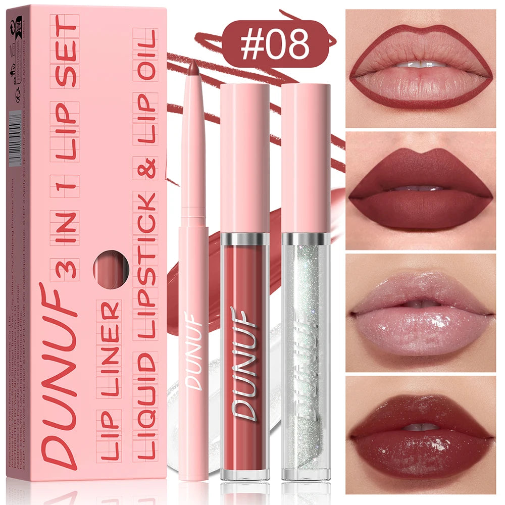 Matte Lip Liner Lip Gloss Lip Oil Set, 3-in-1 Waterproof Non-sticky Long-Lasting Lipstick, Nude Deep Red Mauve, Christmas Makeup