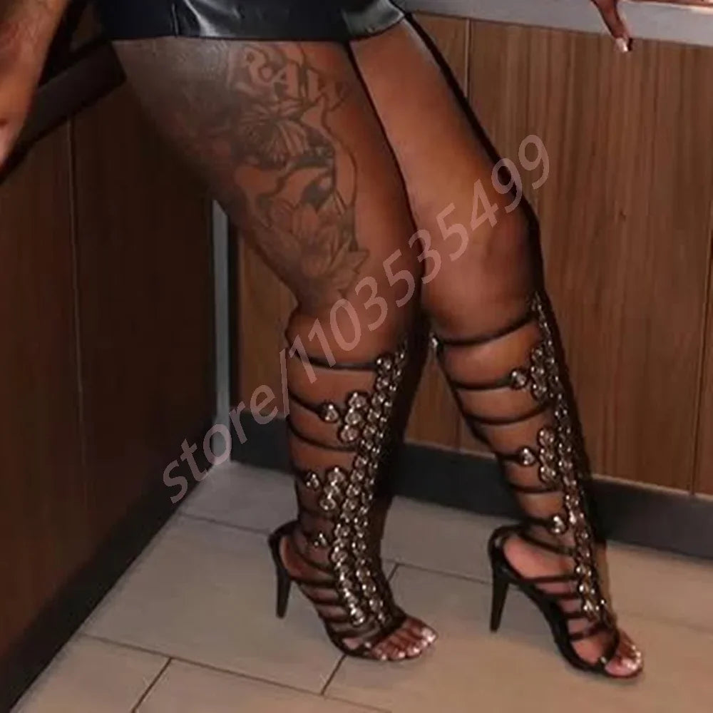 Sexy Metal Hollow Roman Sandals 2025 Summer New Women's Open Toe Stiletto Banquet Catwalk Boots Street Fashion Stiletto Sandals