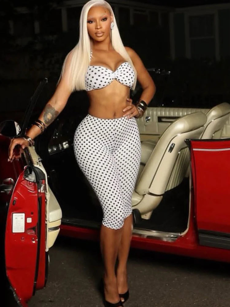 Beyprern Polka Dot Print 2 Piece Set Women Summer Outfits Halter Backless Crop Top and Bodycon Biker Shorts Matching Set