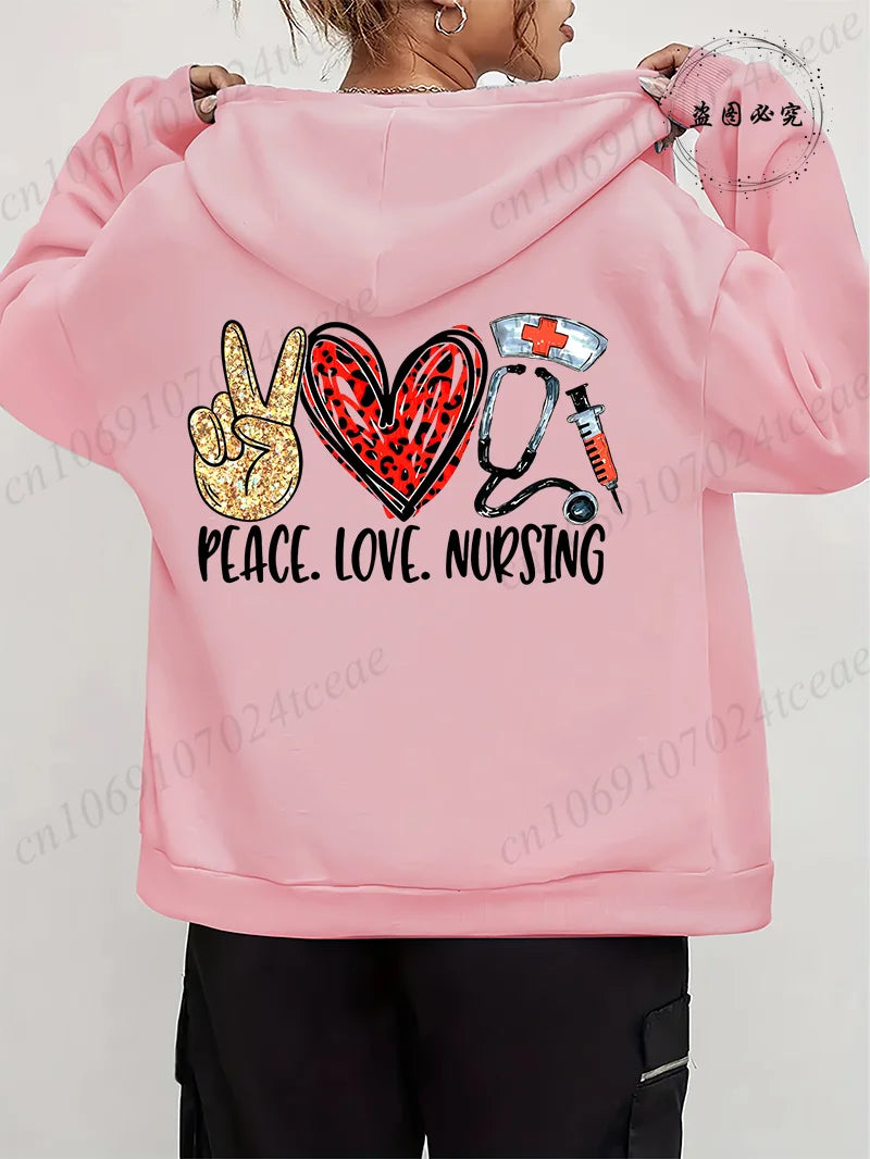Women Leopard Nurse Life Print Hoodie Long Sleeve Casual Zipper Hoodie Nursing Fall Winter Jacket Coat Emergency Nurse Hoodies