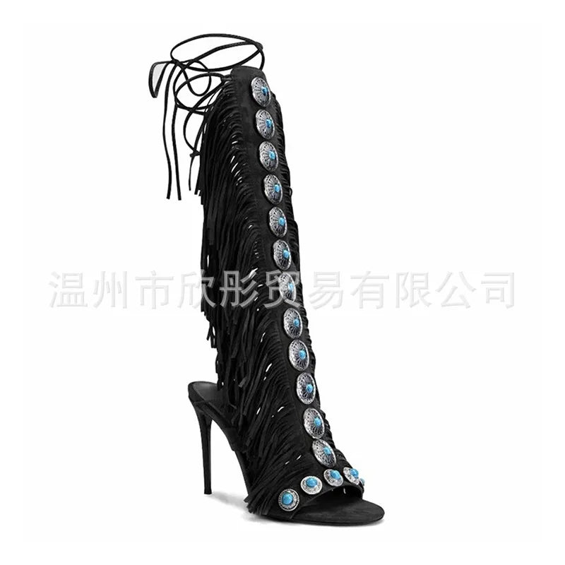 Hot - Sale Western Style Brown Fringed Knee - High Boots, Women's Rivet Open - Toe Kitten Heel Fashion Boots
