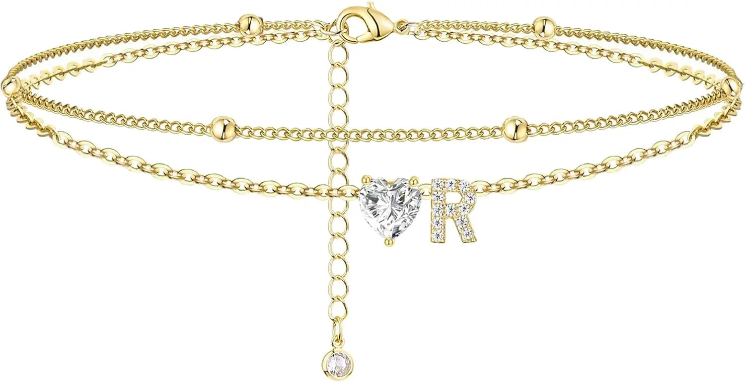 Ankle Bracelets for Women Waterproof 14K Gold Plated CZ Initial Dainty Layered Heart Anklets Foot Chain Summer Beach Jewelry
