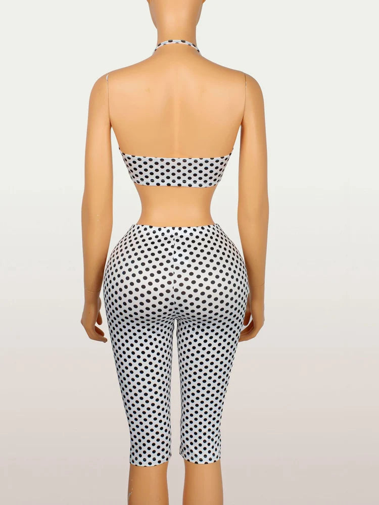 Beyprern Polka Dot Print 2 Piece Set Women Summer Outfits Halter Backless Crop Top and Bodycon Biker Shorts Matching Set