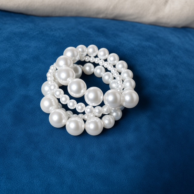Graduated Pearl Stretch Bracelet Set on blue velvet background