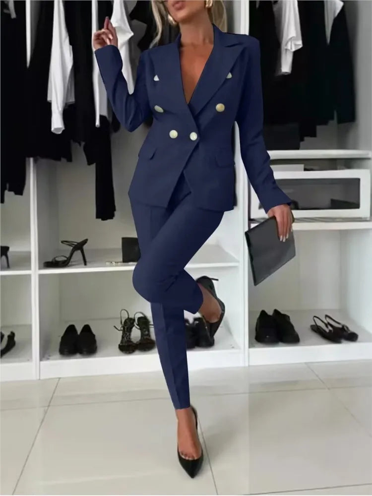 Fashion Double-breasted Long-sleeved Suit Set Women New Autumn Winter Slim Fitting Small Leg Long Pants Female Office 2piece Set