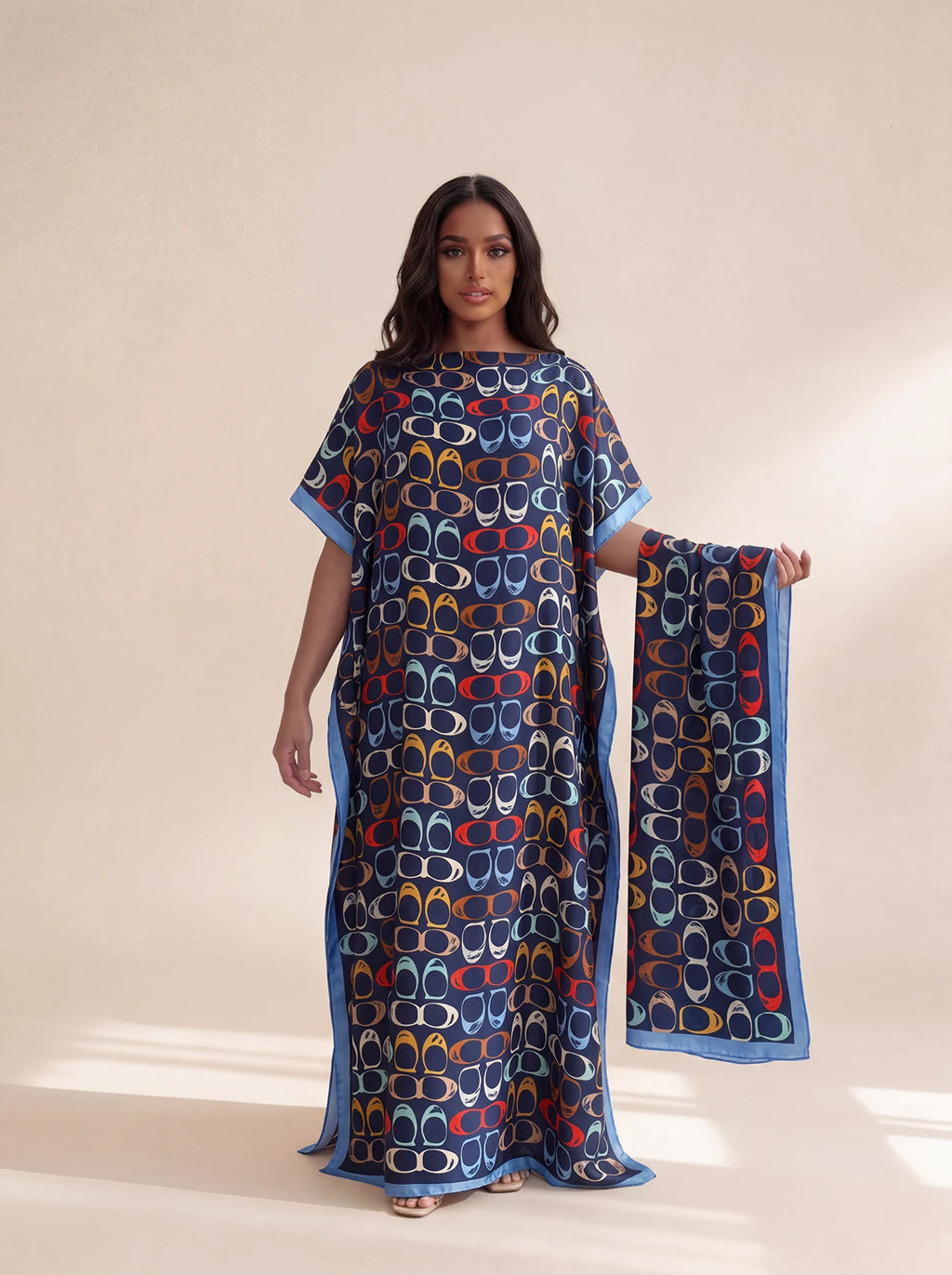 New Style Long Loose Silk Blend Beach Cover up Dress Middle East Pattern Printed Elegant Long Robe Dress for Women