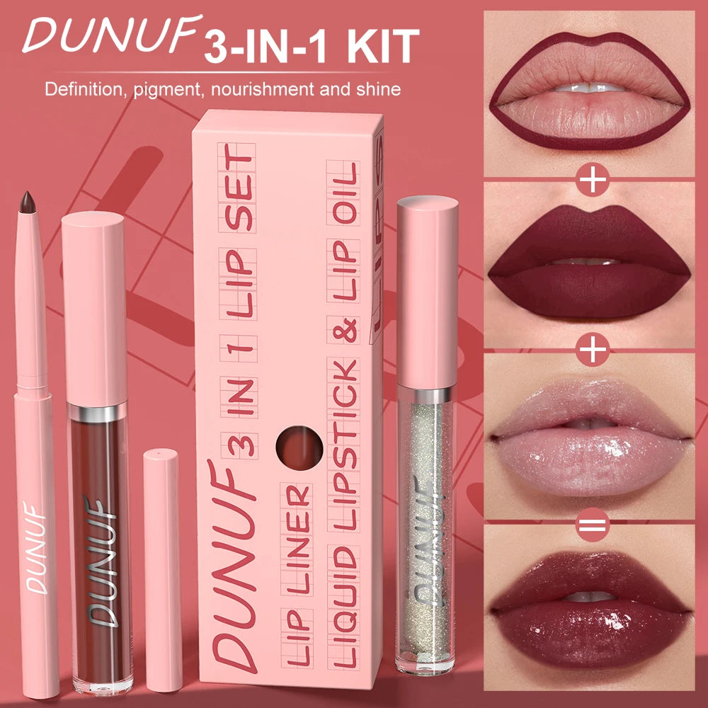 Matte Lip Liner Lip Gloss Lip Oil Set, 3-in-1 Waterproof Non-sticky Long-Lasting Lipstick, Nude Deep Red Mauve, Christmas Makeup