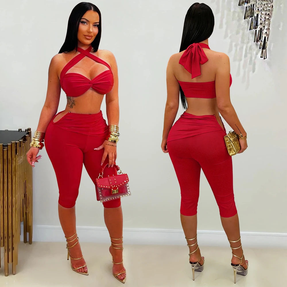 Sexy Capri Legging Set Womens 2 Piece Outfits Cross Neck Crop Top and Mid-Length Pants Suit for Woman Party Night Club Wear