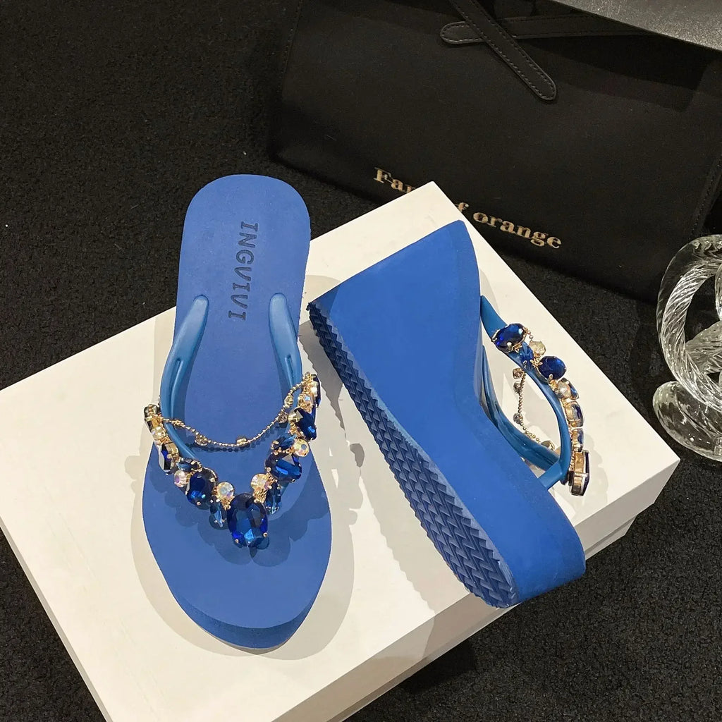 Flip Flops Women New High Heeled Slippers Women Diamond Slope Heel Slippers Elegant Fashion Beach Sandals Womens Sexy Shoes