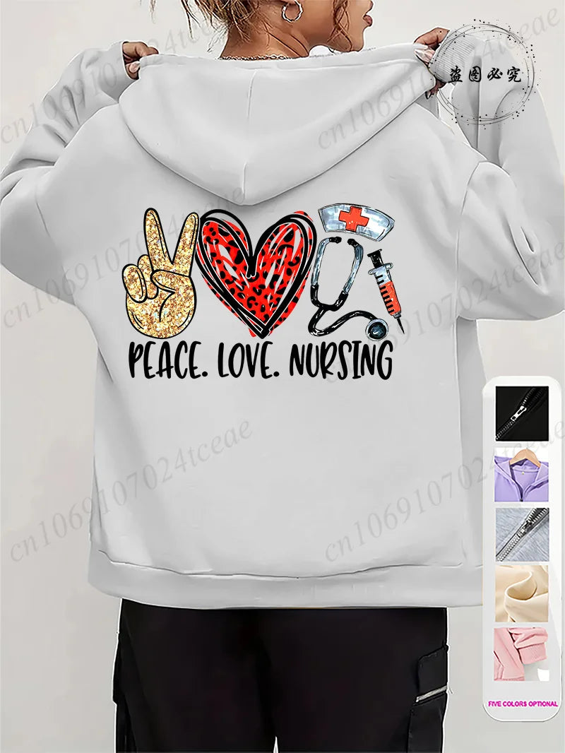 Women Leopard Nurse Life Print Hoodie Long Sleeve Casual Zipper Hoodie Nursing Fall Winter Jacket Coat Emergency Nurse Hoodies