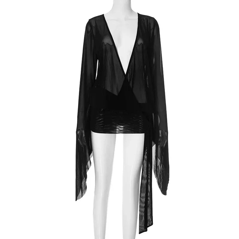 Women Sexy See Through Mesh Mini Dress Deep V-neck Lace Up Backless Flare Long Sleeve Ribbon Party Clubwear Holiday Outfits