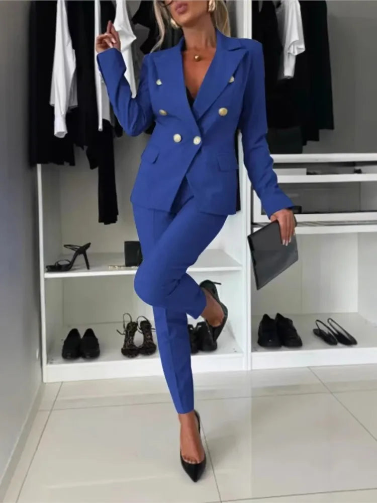 Fashion Double-breasted Long-sleeved Suit Set Women New Autumn Winter Slim Fitting Small Leg Long Pants Female Office 2piece Set