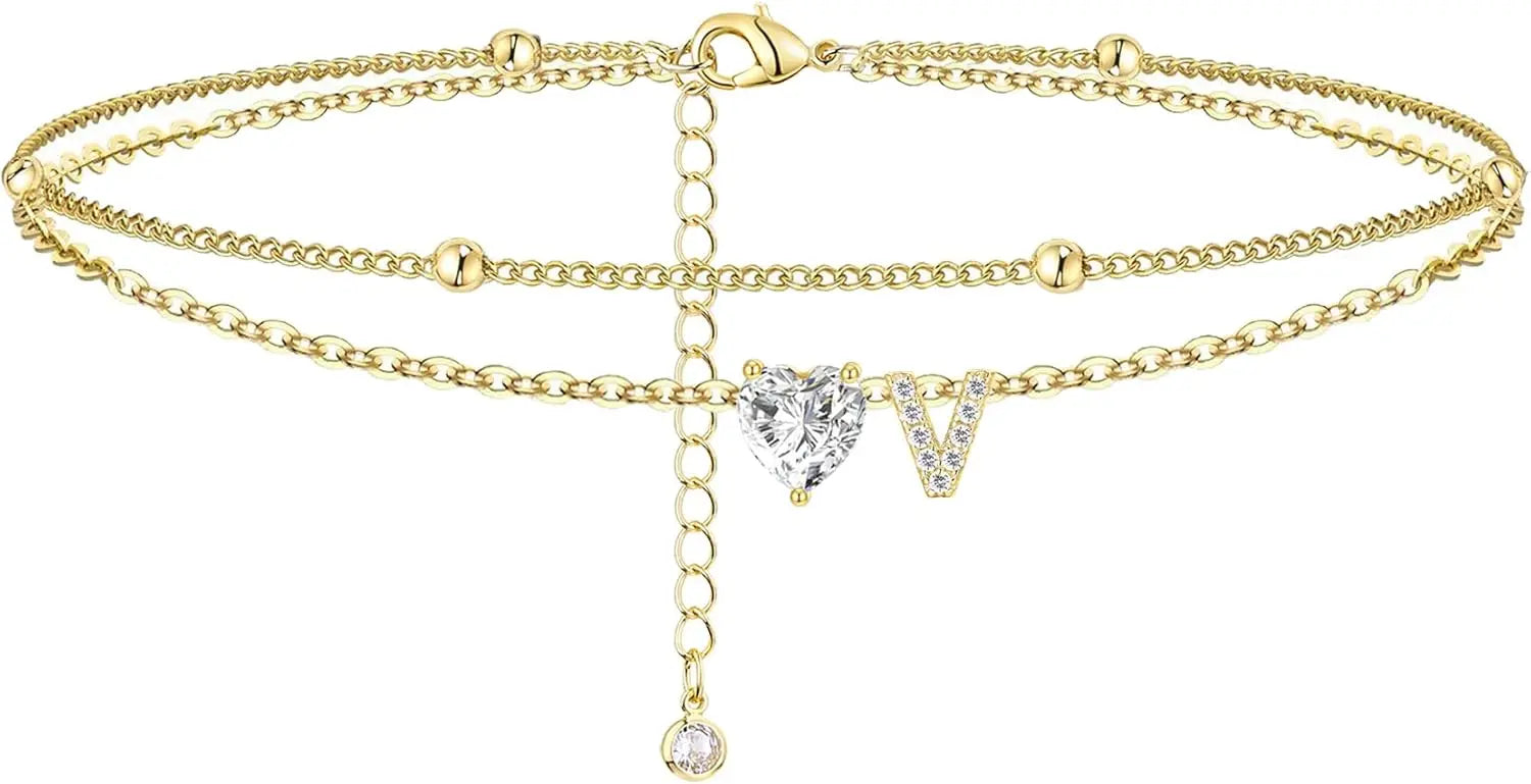 Ankle Bracelets for Women Waterproof 14K Gold Plated CZ Initial Dainty Layered Heart Anklets Foot Chain Summer Beach Jewelry