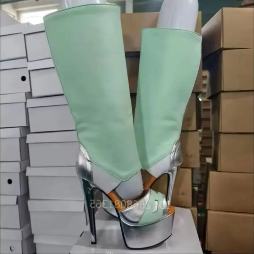 Women Mint Green Silver Peep Toe Knee High Boots 2026 New Fashion Platform Stiletto Heel Open Toe Party Clubwear Stage Shoes