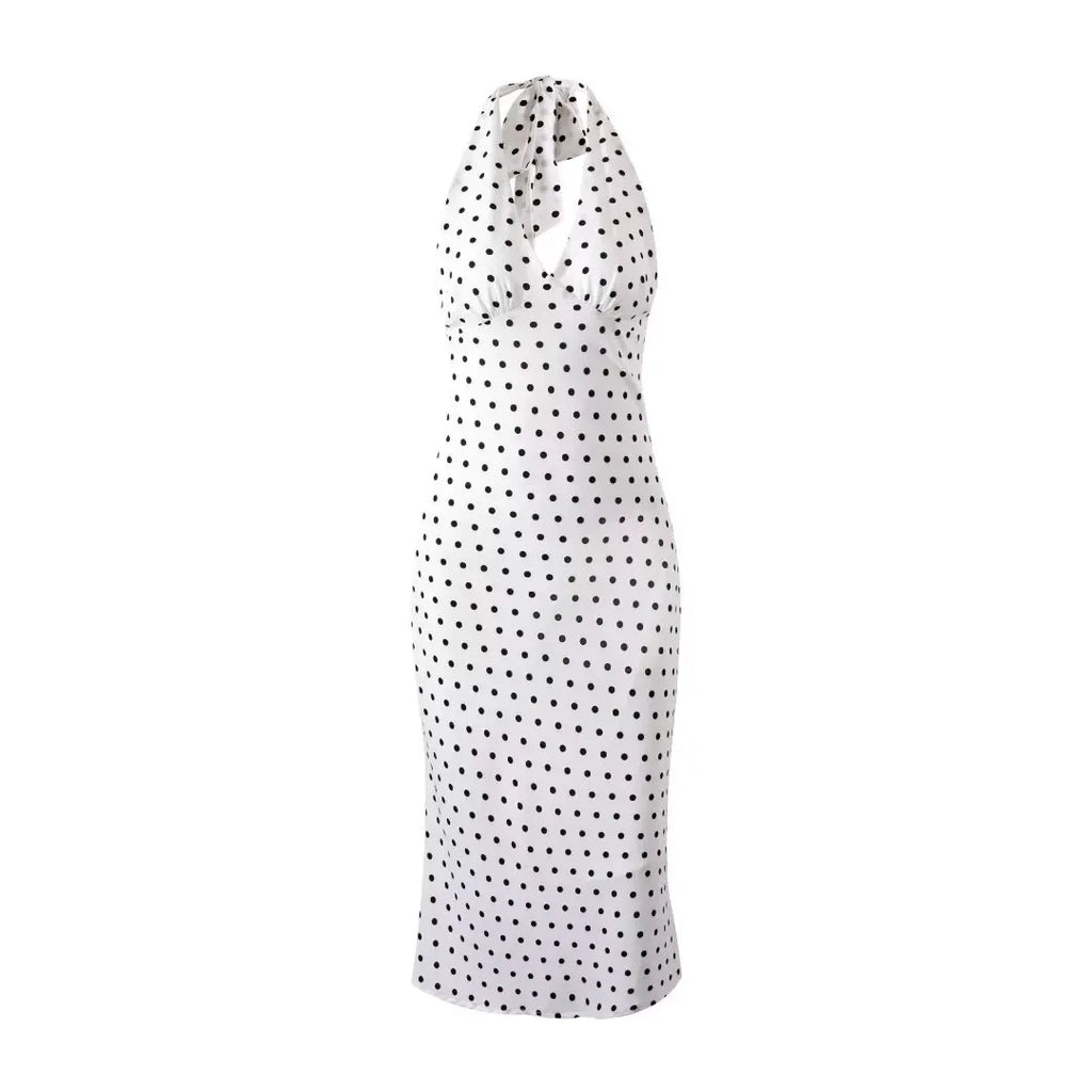 2024 Summer New Women's French European and American Wave Point Sleeveless Hanging Neck Printed Temperament Strap Dress