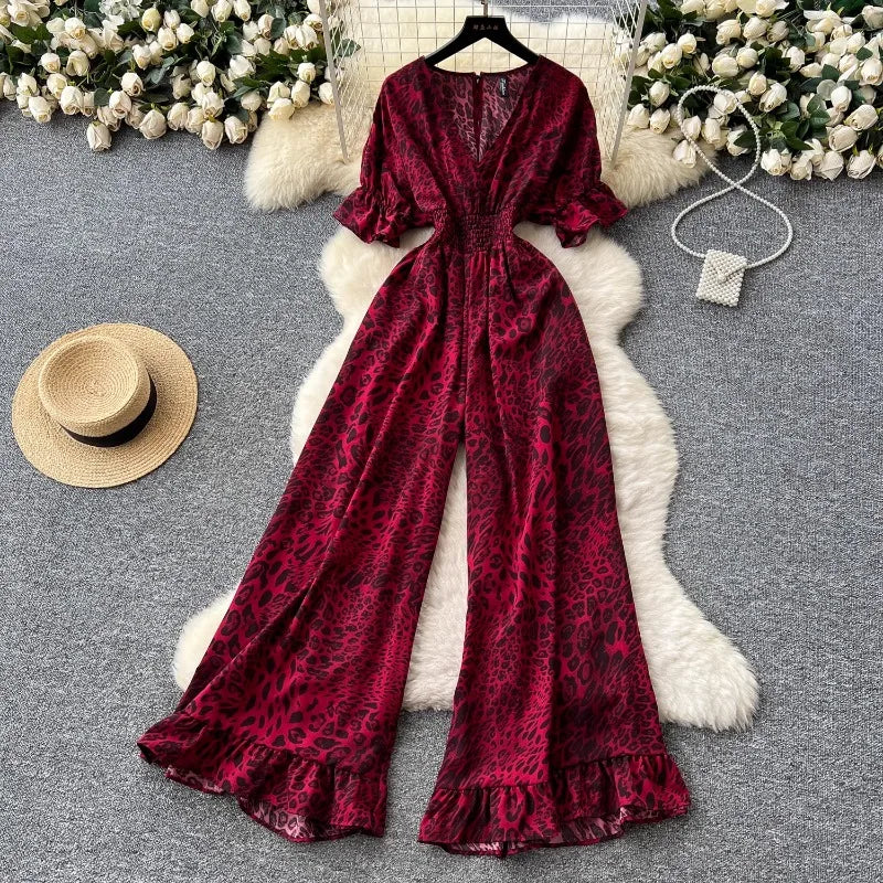 Summer Women's jumpsuit fashion leopard print outfit chic casual V-neck short sleeve elastic high waist slim wide leg jumpsuit