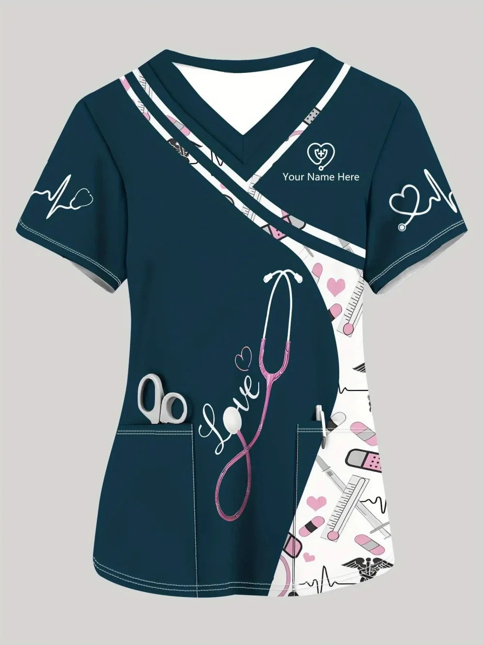 Clinical Uniform Woman Stethoscope Print V-Neck Short Sleeve Nurse Uniform Tops Fashion with Pocket Dentist Nurse Uniform Woman