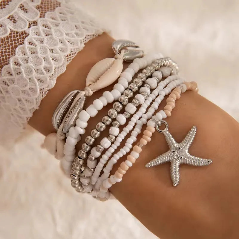 Tocona Bohemian Resort Style Shell Beaded Weaving Bracelet Beach Style Starfish Rice Beads Seven Piece Set for Women 25134