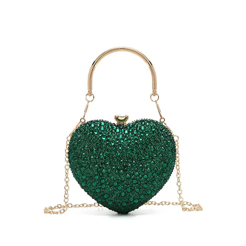 Designer Luxury Diamond Heart-shaped Bag Red Rhinestone Evening Clutch Purse Female Wedding Handbag Woman Chain Shoulder Bags