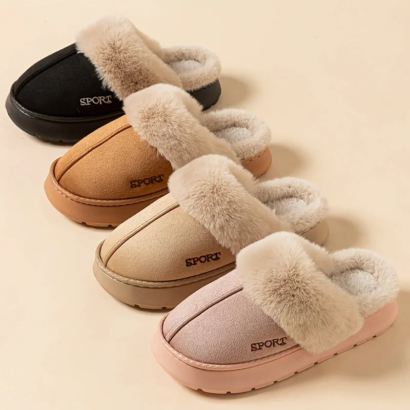 Winter Warm Sports Fluffy Slippers Women Thick Sole Non Slip Plush House Shoes Woman Fashion Faux Fur Platform Indoor Slippers