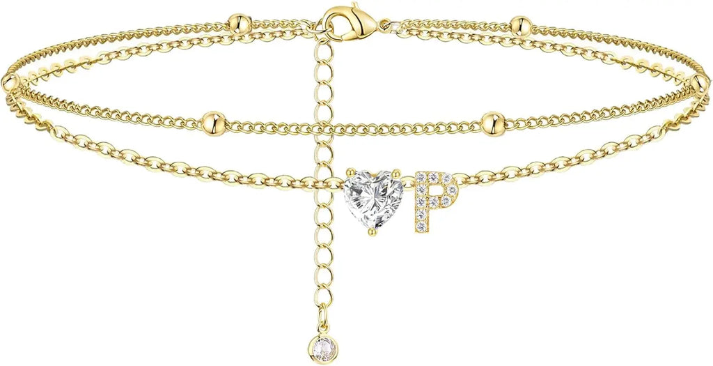 Ankle Bracelets for Women Waterproof 14K Gold Plated CZ Initial Dainty Layered Heart Anklets Foot Chain Summer Beach Jewelry