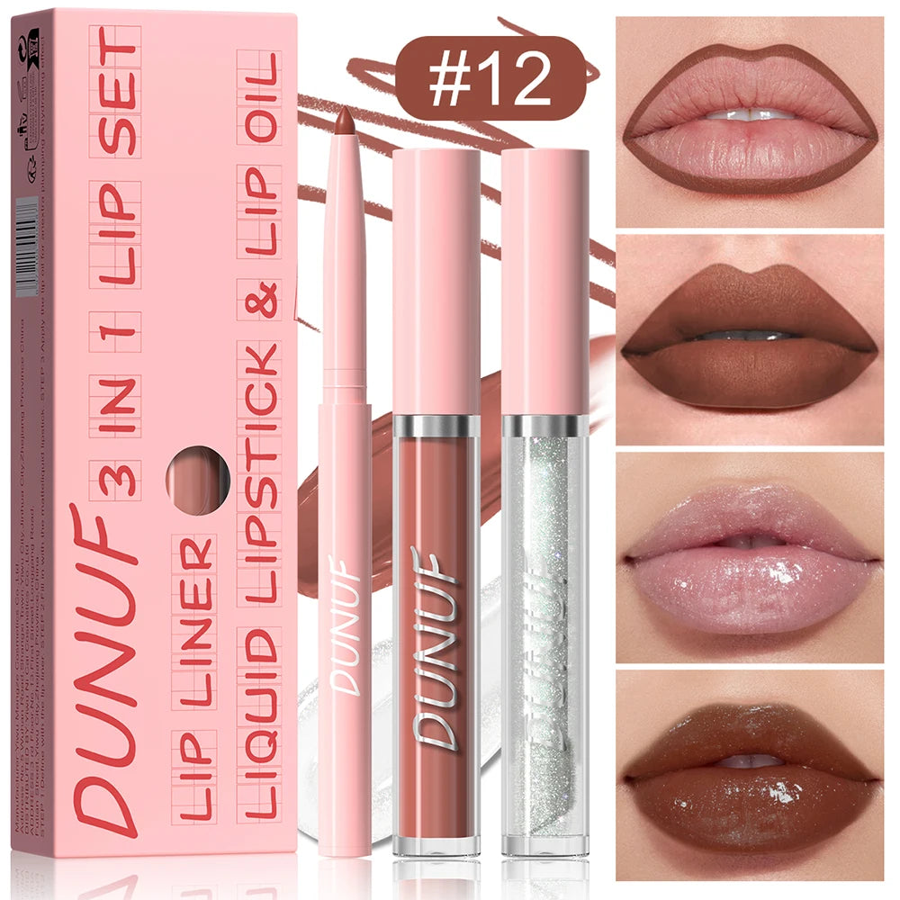 Matte Lip Liner Lip Gloss Lip Oil Set, 3-in-1 Waterproof Non-sticky Long-Lasting Lipstick, Nude Deep Red Mauve, Christmas Makeup
