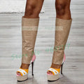 Black Heart Print Platform Sandal Boots Women Trendy Sexy Mixed Color Cut Out Boots Female Open Toe Pink High Heels Long Shoes