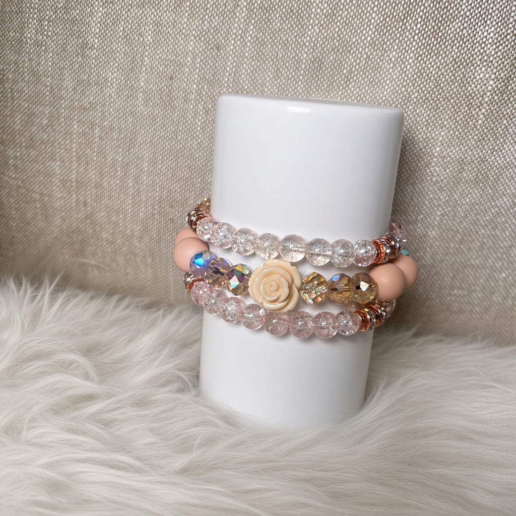 Crackle crystal and rose charm bracelet set - side view