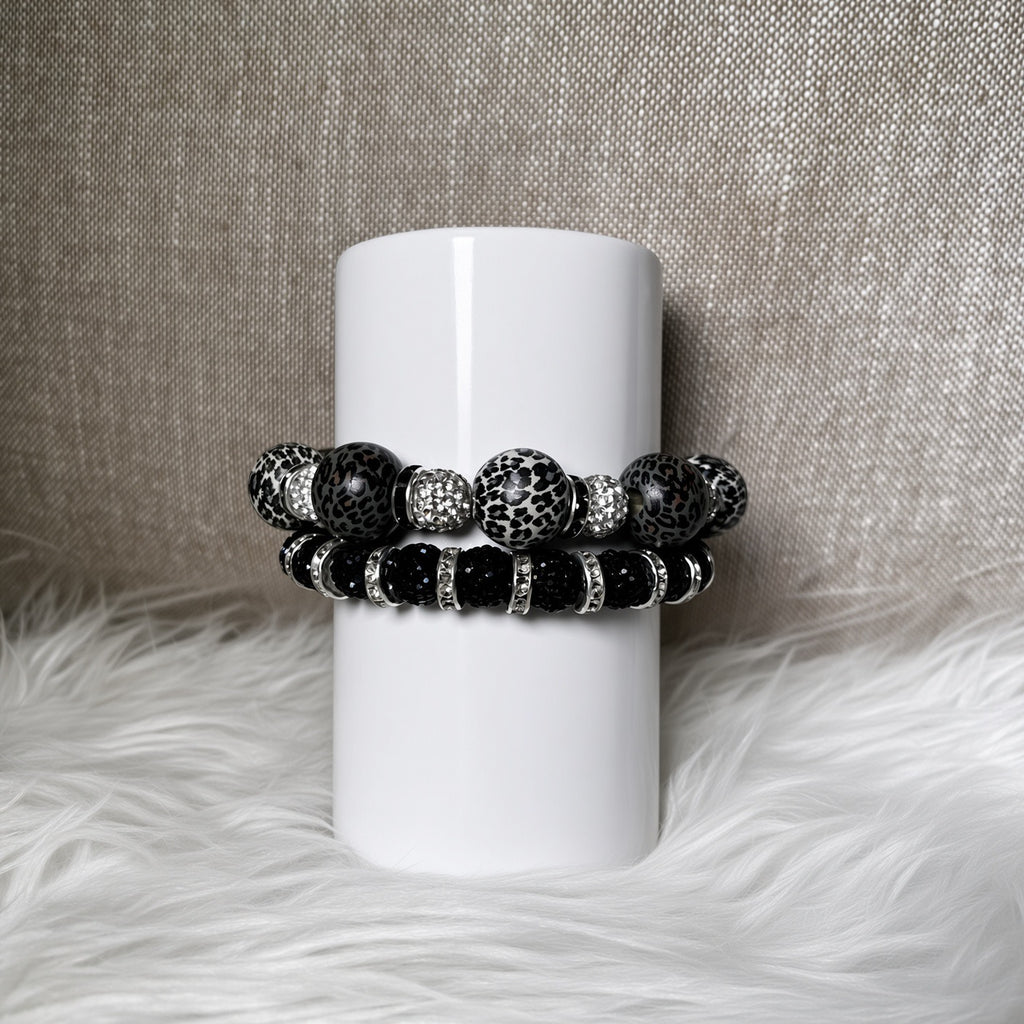 Black crackle agate and jet black glitter pave bracelet set - front view