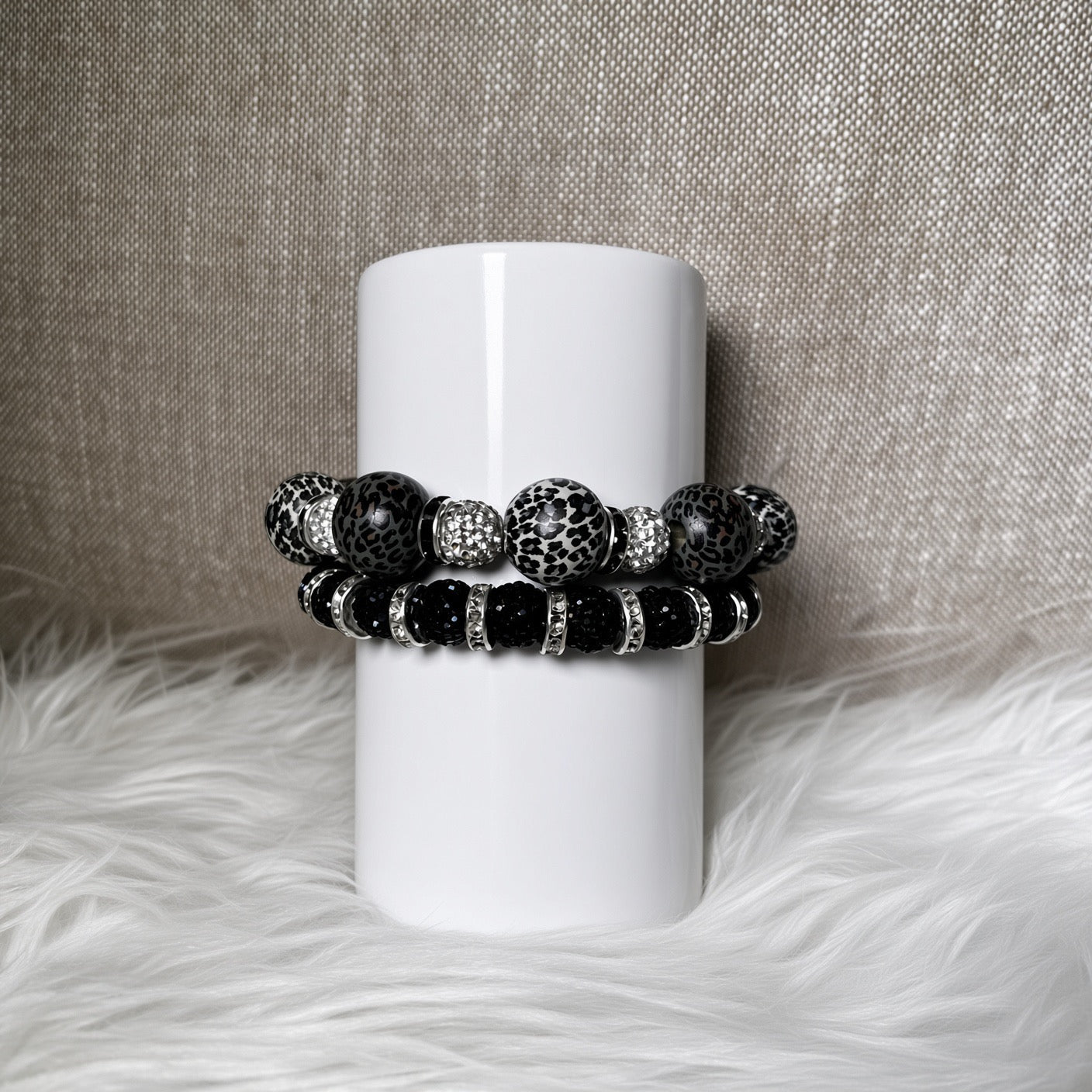 Black crackle agate and jet black glitter pave bracelet set - front view