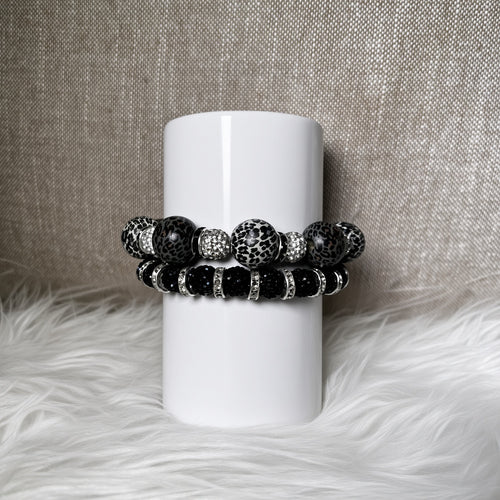 Black crackle agate and jet black glitter pave bracelet set - front view