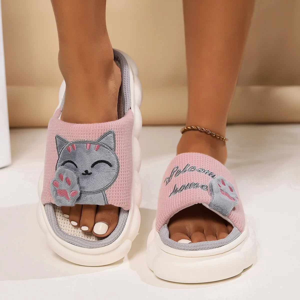 Linen Casual Slippers Women House Platform Cute Cartoon Cat Designer Shoes Girls Flat Fashion Elegant Footwear Indoor Large Size