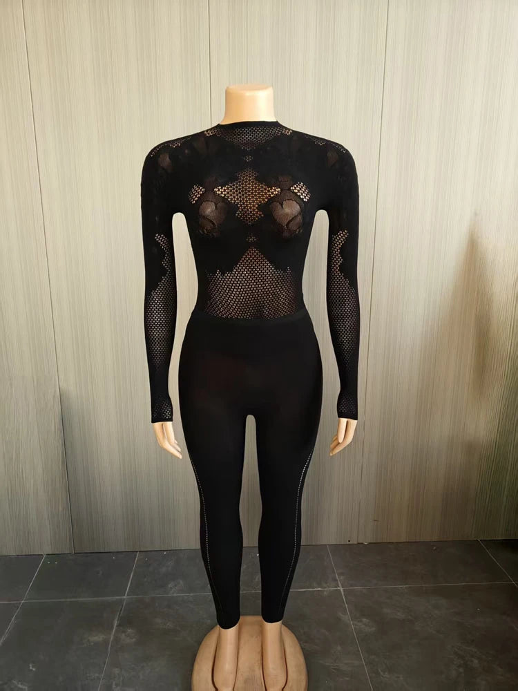 2025 Autumn Winter Hot Sale Women 2 Piece Set Hollow Out Mesh Long Sleeve Top Leggings Sets Female Streetwear Sexy Club Outfits