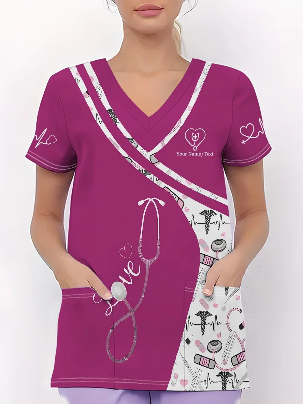 Clinical Uniform Woman Stethoscope Print V-Neck Short Sleeve Nurse Uniform Tops Fashion with Pocket Dentist Nurse Uniform Woman