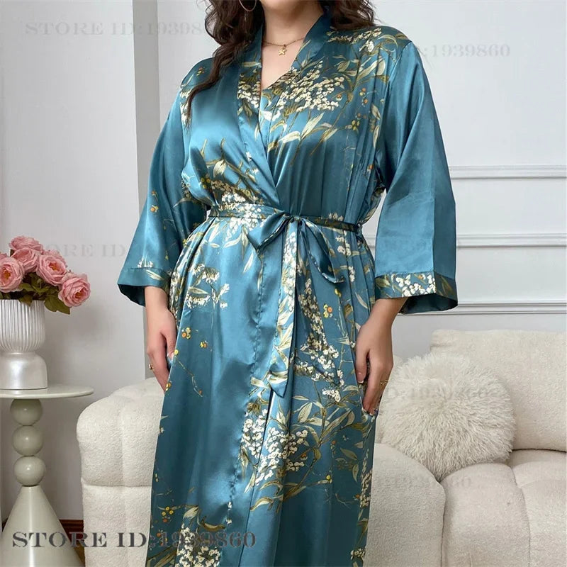 Plus Size 3XL 4XL 5XL Women's Long Robe Nightgown Print Cherry Kimono Bathrobe Gown Spring Summer New Satin Sleepwear HomeWear