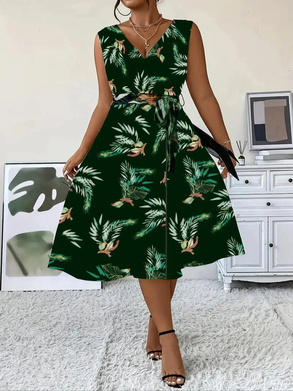 Elegant Plus Size Women's Fashion Print Sexy V-Neck Dress Stylish Commute Slim Fit Sleeveless Dress
