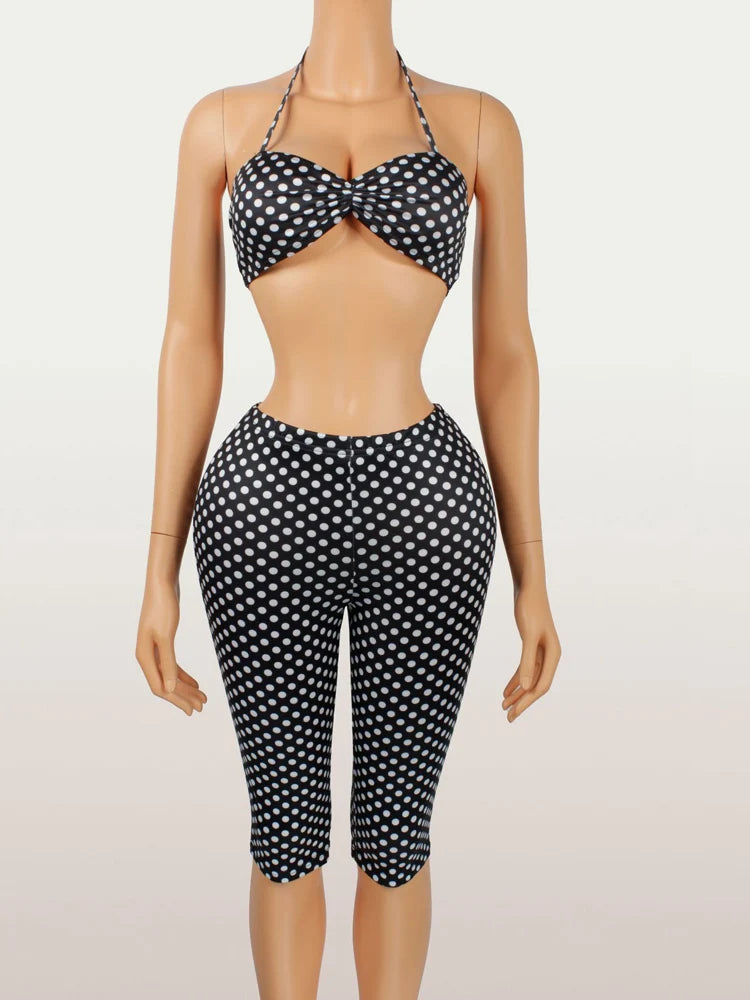 Beyprern Polka Dot Print 2 Piece Set Women Summer Outfits Halter Backless Crop Top and Bodycon Biker Shorts Matching Set