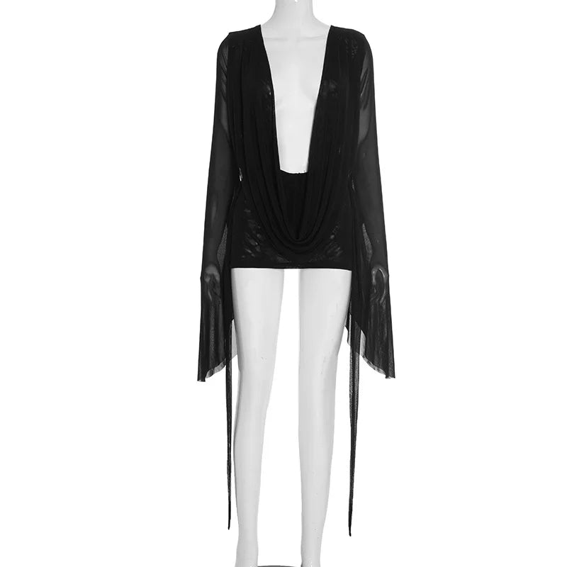 Women Sexy See Through Mesh Mini Dress Deep V-neck Lace Up Backless Flare Long Sleeve Ribbon Party Clubwear Holiday Outfits
