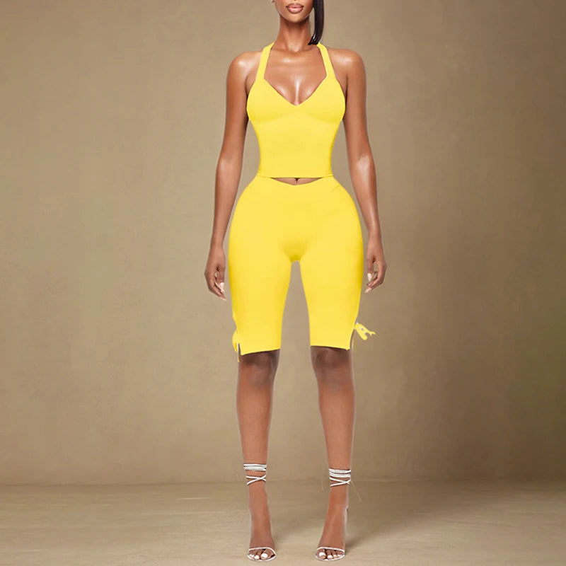 Summer Woman Matching Sets Outfits Solid Color Crop Top and Capris Leggings Sexy Y2k Two Pieces Set Women's Clothes 2 Piece Sets