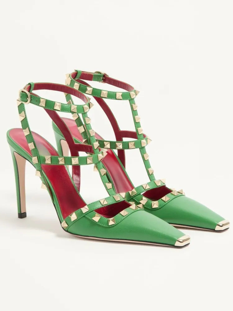 Summer Square Headed Rivet High-heeled Women's Sandals, Fashionable and Sexy Women's Party T-table Women's Plus Size Sandals