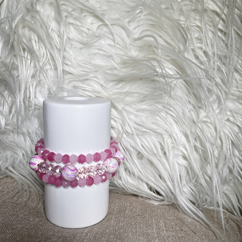 Pink crystal and marbled bead bracelet set - side view
