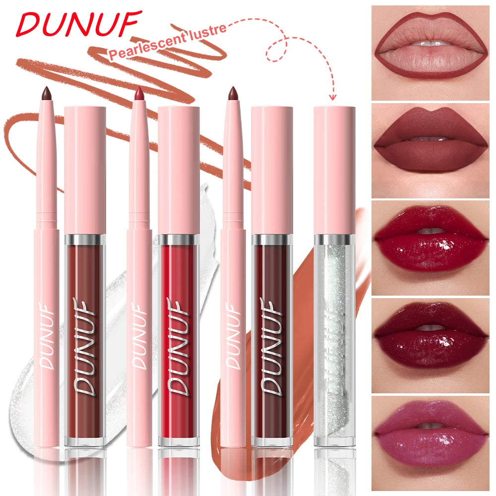 Matte Lip Liner Lip Gloss Lip Oil Set, 3-in-1 Waterproof Non-sticky Long-Lasting Lipstick, Nude Deep Red Mauve, Christmas Makeup