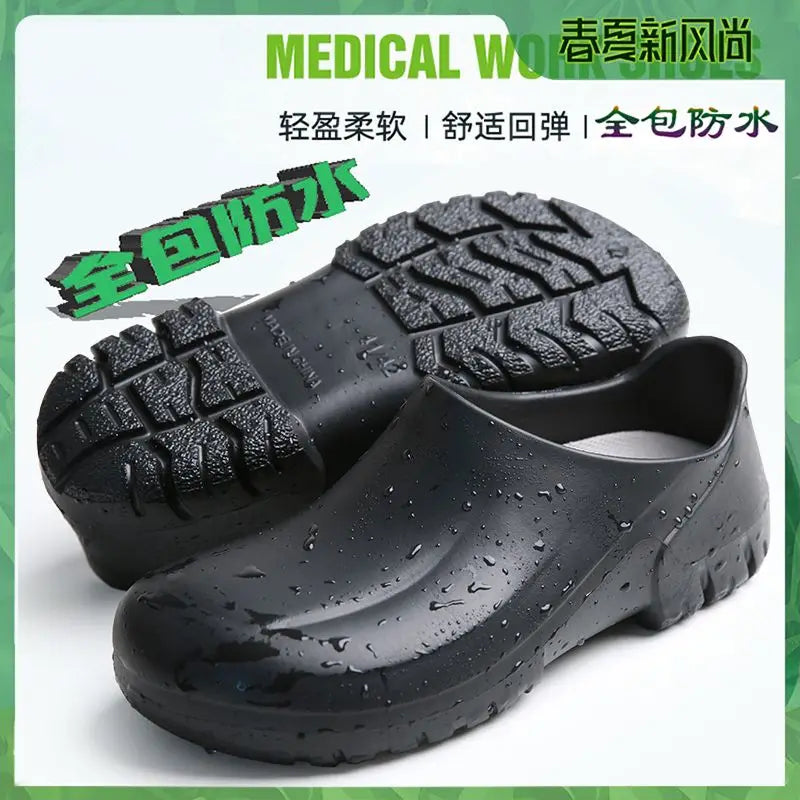 Unisex Non-Slip Eva Sole Shoes - Comfortable Black Work Shoes Suitable for Nurses, Chefs, and Office Use, with Easy Slip-On Design, Tire-Textured Soles for Enhanced Grip, Chef's Clogs, Slip-On Footwear, Durable Slippers, Non-Slip Work Shoes