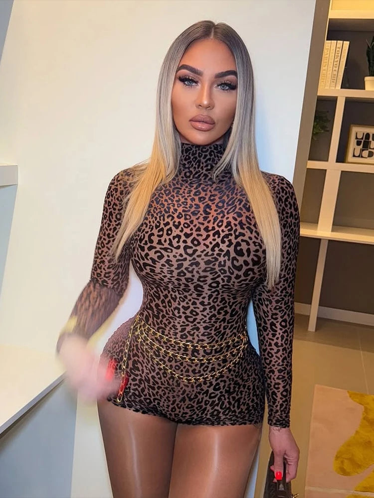 Sisterlinda Spring Release Junior Fashion Sexy High Street Jumpsuits K25Q73871 Girl Leopard Close-Fitting High-Necked Rompers
