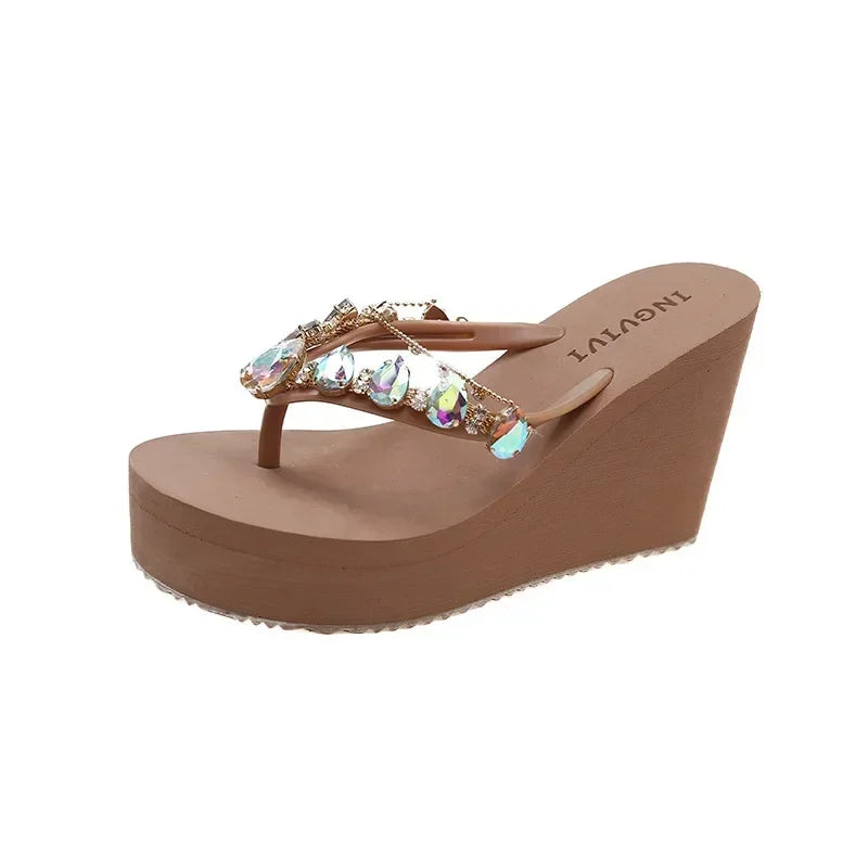 Flip Flops Women New High Heeled Slippers Women Diamond Slope Heel Slippers Elegant Fashion Beach Sandals Womens Sexy Shoes