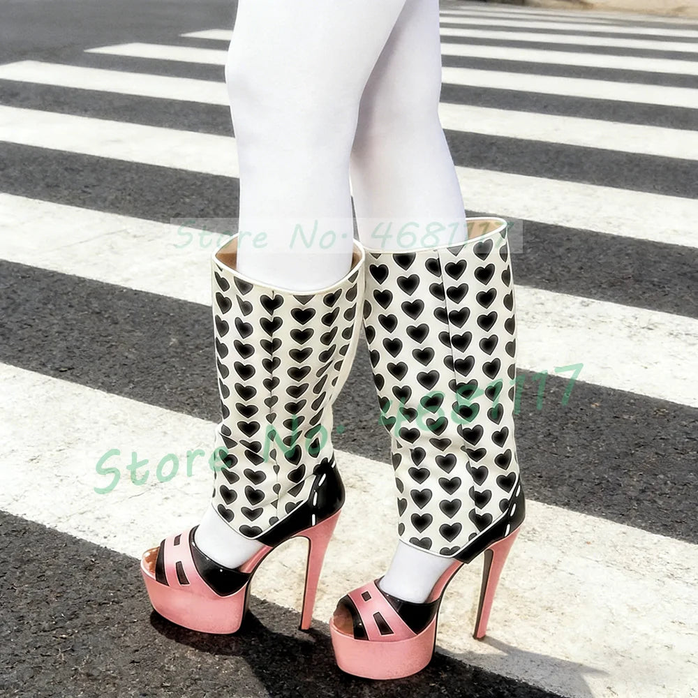 Black Heart Print Platform Sandal Boots Women Trendy Sexy Mixed Color Cut Out Boots Female Open Toe Pink High Heels Long Shoes