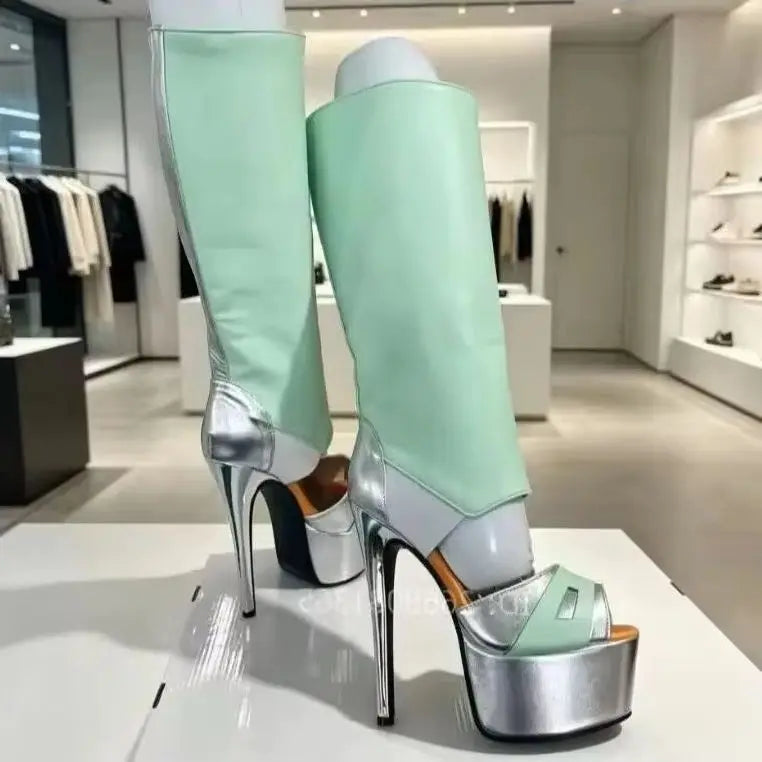 Women Mint Green Silver Peep Toe Knee High Boots 2026 New Fashion Platform Stiletto Heel Open Toe Party Clubwear Stage Shoes