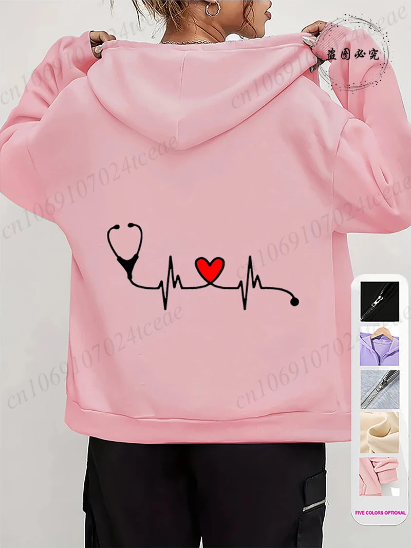 Zip Up Hoodies for Women Oversized Nurse Life Printed Hoodies Women Men Zipper Sweatshirts Autumn Winter Fleece Zip Jacket Coat