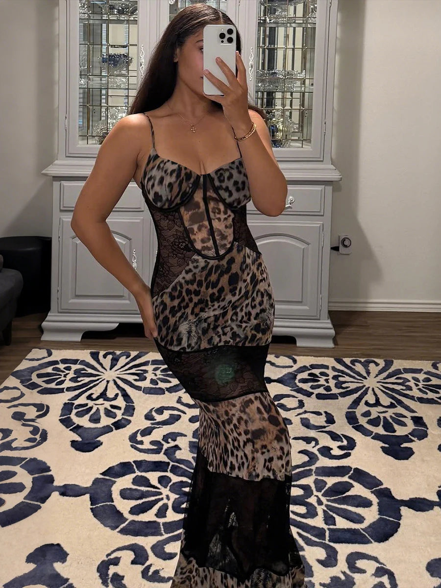 Nibber Mesh Patchwork Sling Dress Woman Leopard Print Low-Neck Sleeveless Backless Robe Midnight Club Party Fashion Vestidos