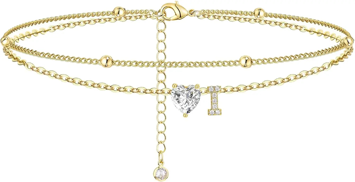 Ankle Bracelets for Women Waterproof 14K Gold Plated CZ Initial Dainty Layered Heart Anklets Foot Chain Summer Beach Jewelry
